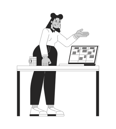 Business casual latina office worker explaining data table on laptop  Illustration