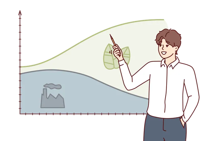 Business man and graph with benefits switching to eco electricity and getting rid industrial plants  Illustration