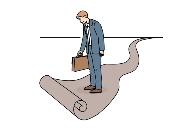 Business man standing at end of path as metaphor for limitations in career growth  Illustration