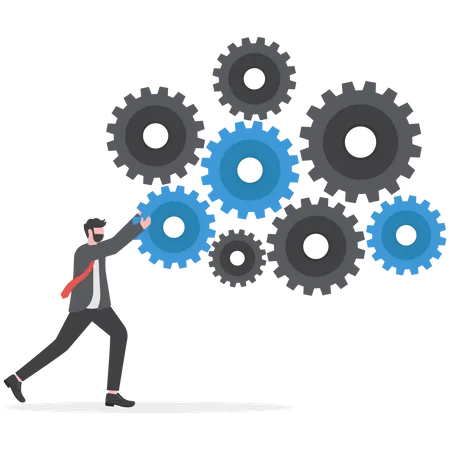 Business manager optimizing cogwheels workflow system  Illustration