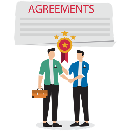 Business partners shaking hands after signing business agreement documents  Illustration