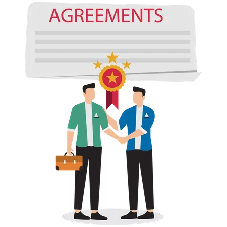 Business partners shaking hands after signing business agreement documents  Illustration