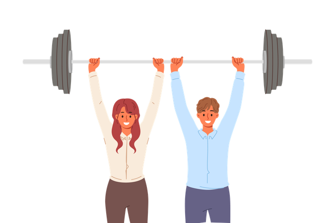 Business people demonstrating teamwork efforts by lifting barbell  Illustration