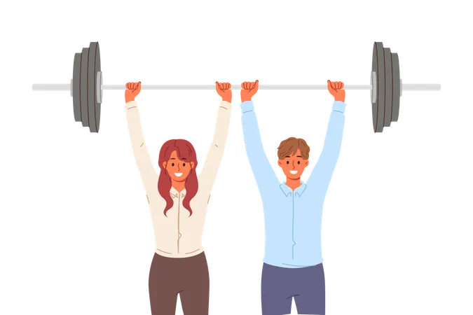 Business people demonstrating teamwork efforts by lifting barbell  Illustration