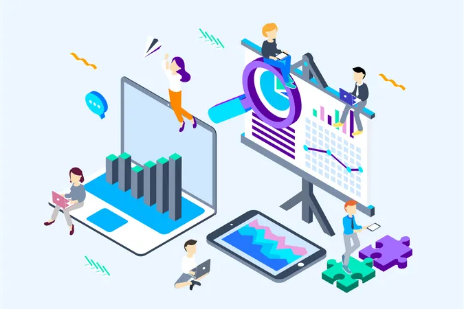 Business team analyzing income charts and graphs with modern laptop computer and Business analysis and strategy concept  Illustration