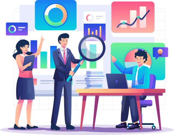 Business team monitoring data analytics  イラスト