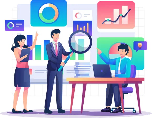 Business team monitoring data analytics  イラスト