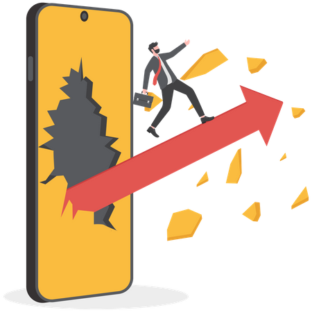 Businessman and arrow coming out of a mobile phone screen  Illustration