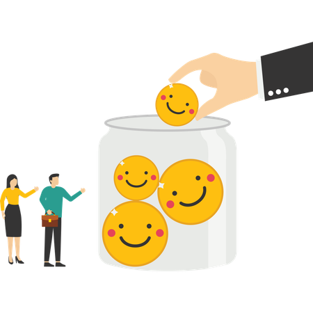 Businessman and woman collect funny and positive emoticons into Glass Jar  Illustration