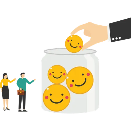 Businessman and woman collect funny and positive emoticons into Glass Jar  Illustration