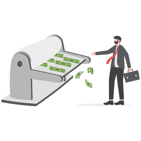 Businessman central bank man rolling money printer to print money banknotes  Illustration