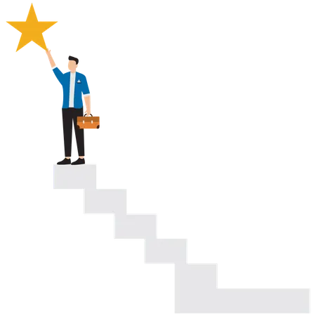 Businessman climbs ladder to top to win the star prize  Illustration