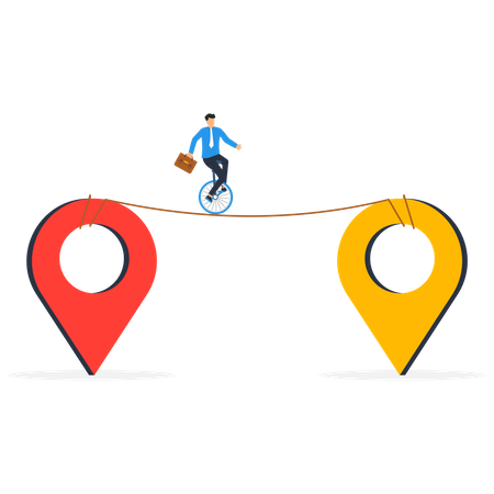 Businessman company owner riding unicycle from map navigation pin to new one metaphor of relocation  Illustration