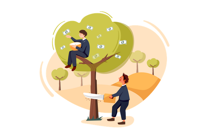 Businessman cutting profit tree of competitor  イラスト