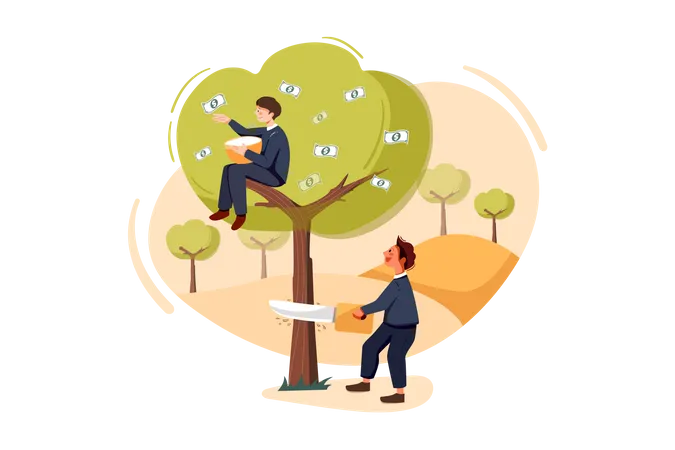 Businessman cutting profit tree of competitor  イラスト