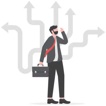 Businessman decision which way with arrows pointing to many directions  Illustration