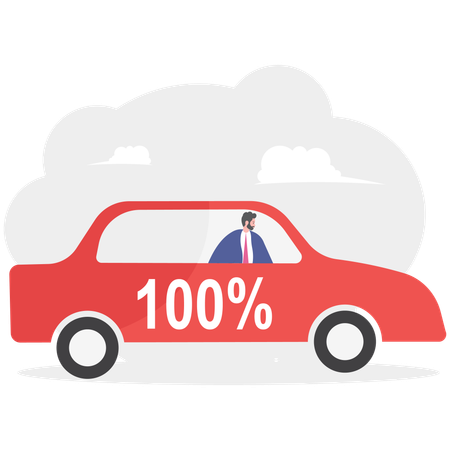 Businessman driving car and 100 percent warranty  Illustration