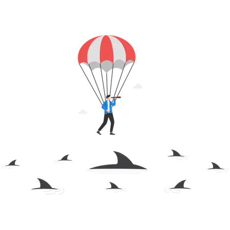 Businessman flying in parachuting to see business opportunity  Illustration