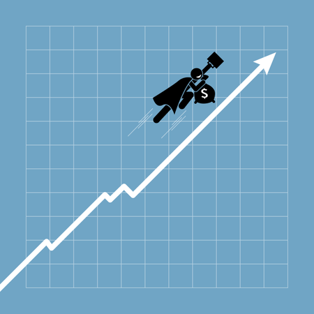 그래프가 상승세를 보이면서 차트 위로 날아가는 사업가  일러스트레이션