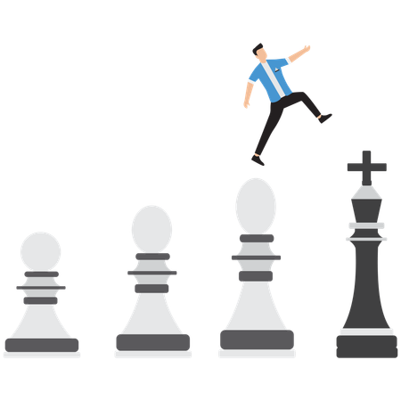 Businessman from a pawn jumps on king figure with crane arm  Illustration