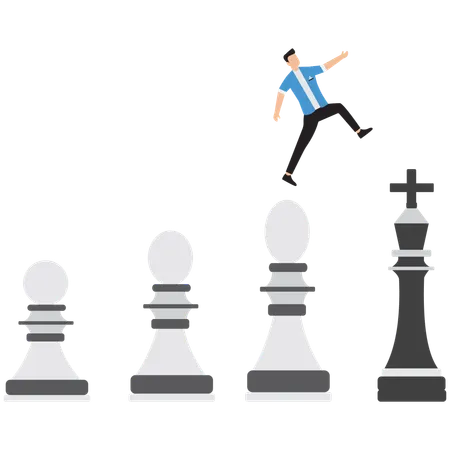 Businessman from a pawn jumps on king figure with crane arm  Illustration