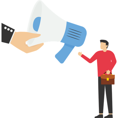 Businessman hand offer megaphone for employee to speak out  Illustration