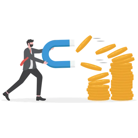 Businessman holding a big magnet and attracting money  Illustration