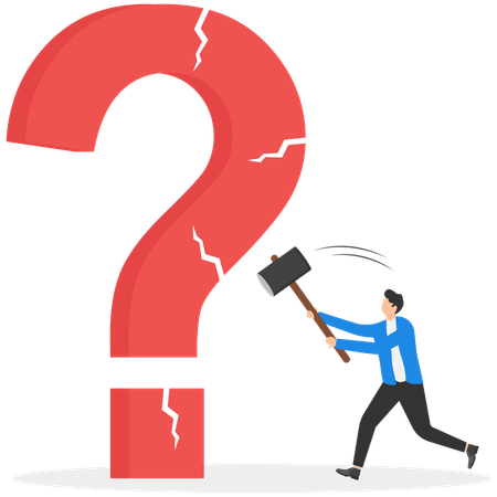 Businessman holding a hammer cracked a question mark  イラスト