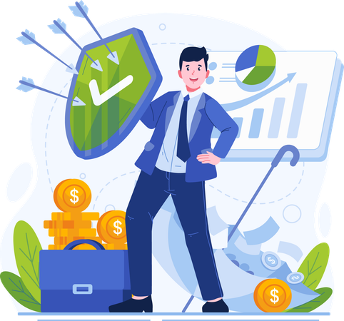 Businessman Holding a Shield to Protect His Business and Investments With Insurance  Illustration