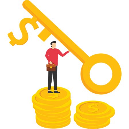 Businessman holding key to financial success  Illustration