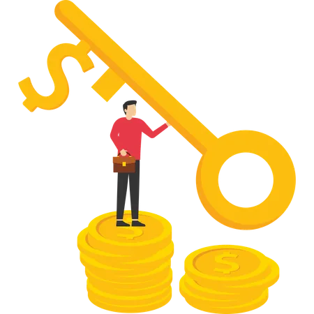 Businessman holding key to financial success  Illustration