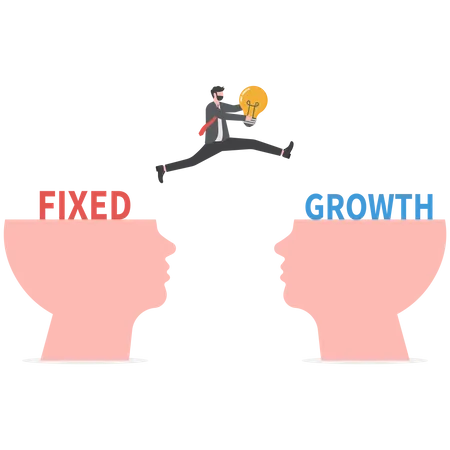 Businessman holding light bulb jumping to growth mindset head different fixed mindset  Illustration