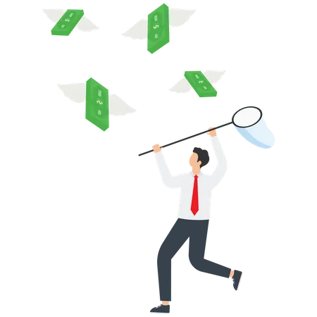 Businessman holding net catch flying away money  Illustration