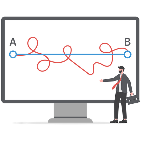 Businessman holding pen in hand leads drawing line from point A to point B for Easy or shortcut way to win business success achievement of goals  Illustration