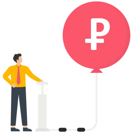 Businessman inflates a Ruble symbol balloon with a bicycle pump  Illustration