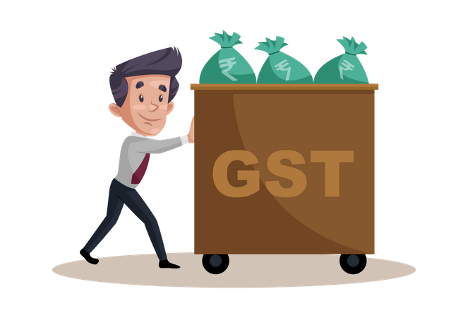 Businessman is pushing a GST money bags trolley  Illustration