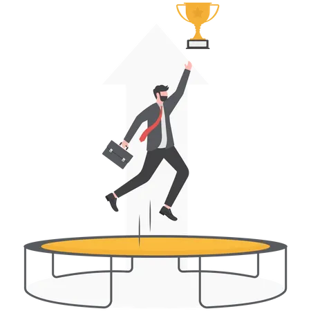 Businessman jumping on Trampoline for achieving success  Illustration