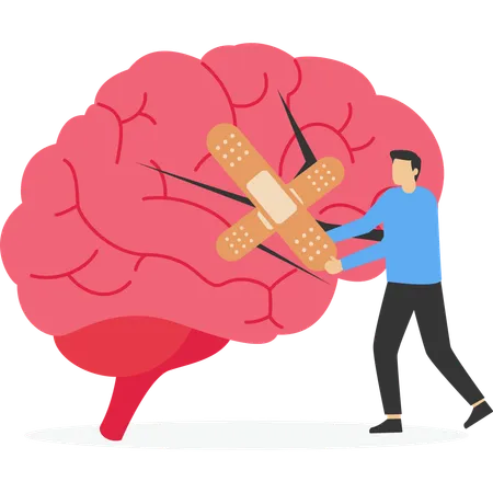 Businessman placing bandage on brain injury  Illustration