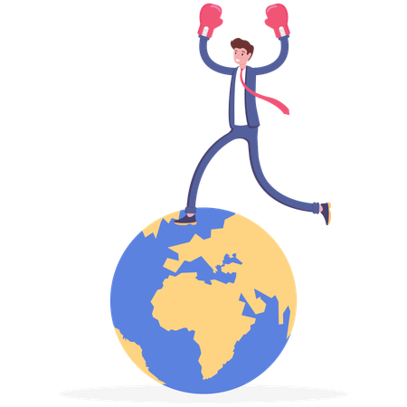 Businessman punching with boxing gloves standing on top of the world  Illustration