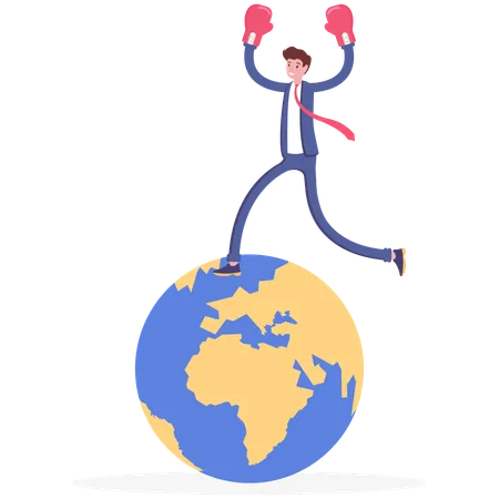 Businessman punching with boxing gloves standing on top of the world  Illustration