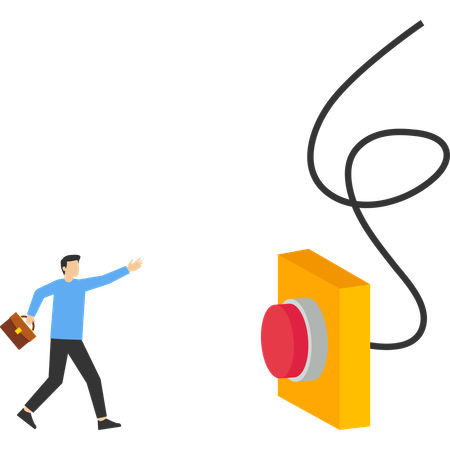 Businessman running in rush to push red emergency button  Illustration