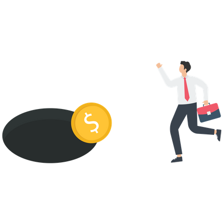 Businessman running to catch a Russian ruble coin  Illustration