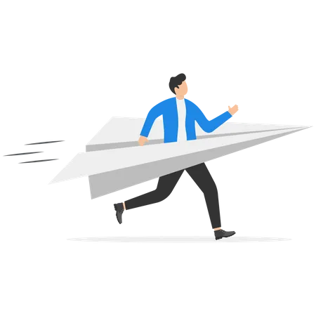 Businessman running with paper origami airplane for first launch  Illustration