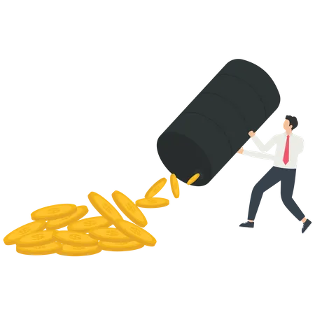 Businessman shakes oil barrel and pours more money from it  Illustration