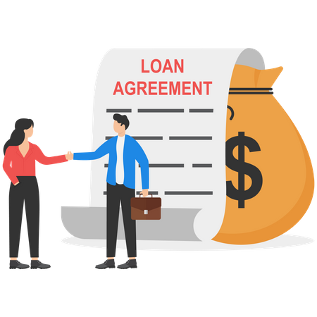 Businessman shaking hand with loan agreement and money bag  Illustration