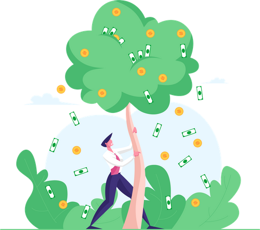 Businessman Shaking Money Tree with Dollar Coins Falling from Branches  イラスト