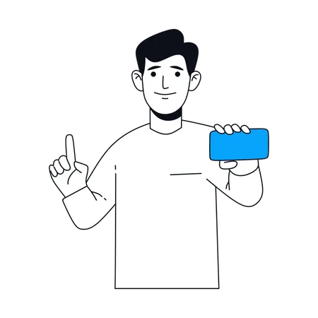 Businessman showing mobile screen with one hand while holding raising finger with another hand  Illustration