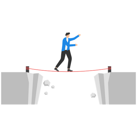 Businessman standing and walking a tightrope over the abyss  Illustration