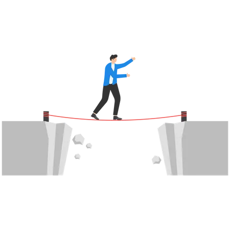 Businessman standing and walking a tightrope over the abyss  Illustration