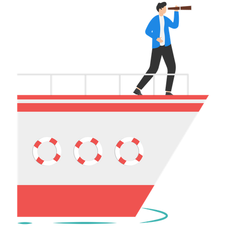 Businessman Standing On Boat Looking For Business Target Goals  Illustration